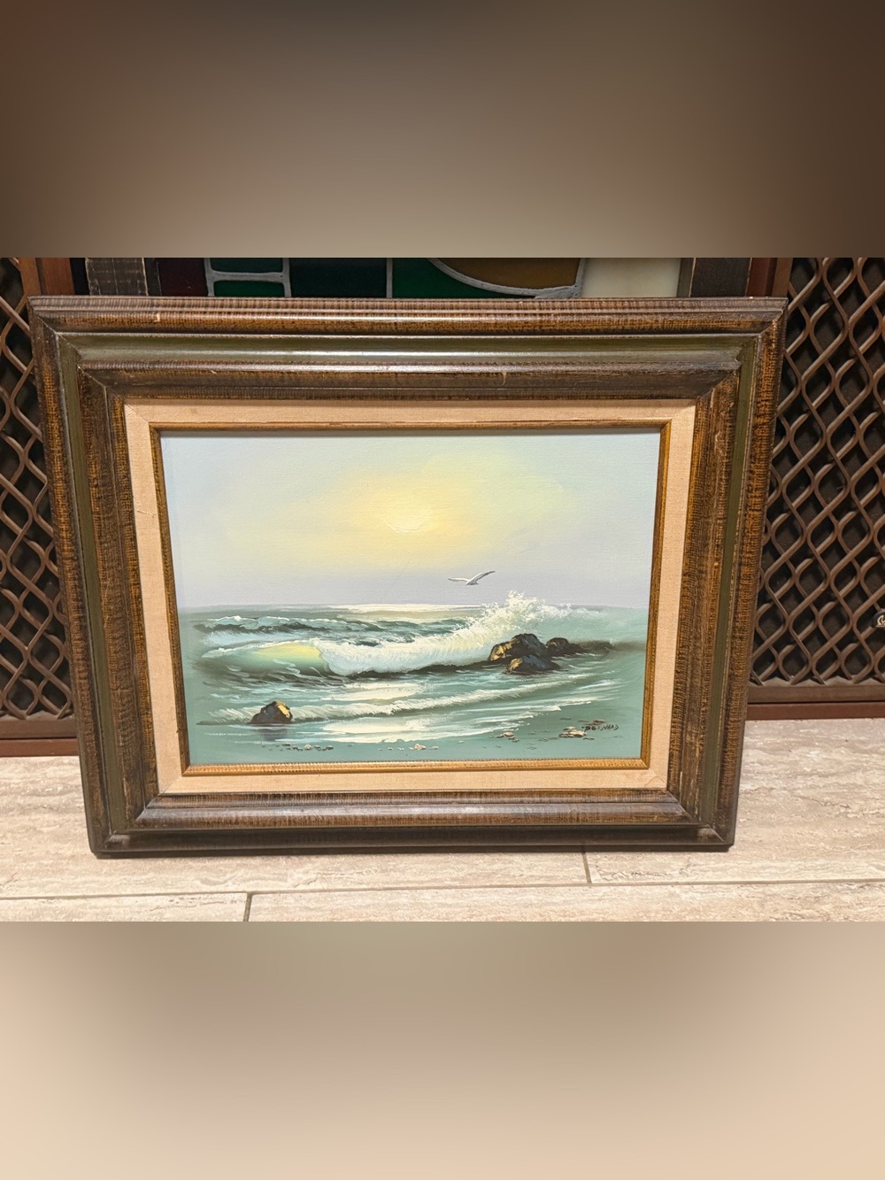 Original Oil Painting Signed Bernard Seaside Antique Tiger Oak Wood Frame